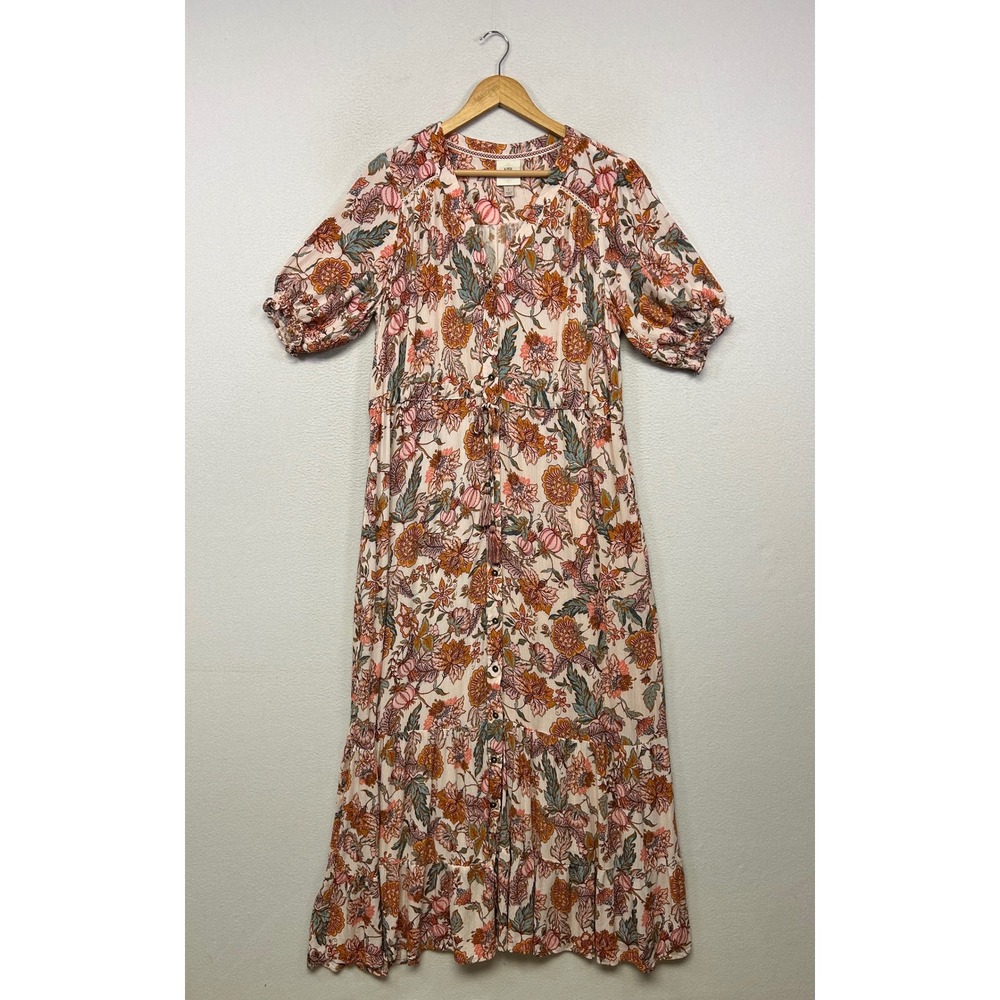 Boho Cottagecore Knox Rose Womens Large Pink Orange Floral Tiered Maxi Dress